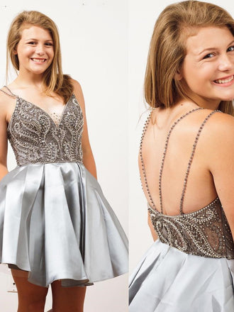 Spaghetti Straps Short Silver Beads A Line Backless Sexy Homecoming Dresses DM380