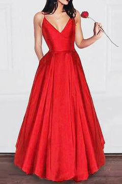 Charming A Line V Neck Satin Spaghetti Straps Long Prom Dress,Girls Graduation Dresses DMB29