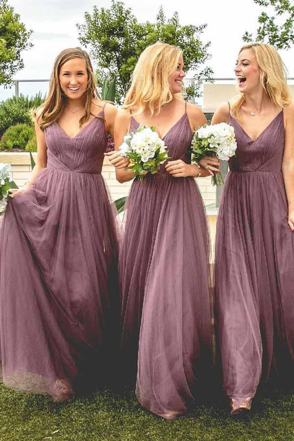 Spaghetti Straps Bridesmaid Dresses,V Neck Bridesmaid Dress,Light Purple Bridesmaid Dresses,Tulle Bridesmaid Dress
