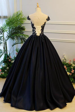 Generous Puffy A-Line Cap Sleeves Lace-up Black Satin Long Prom Dress with Appliques DM782