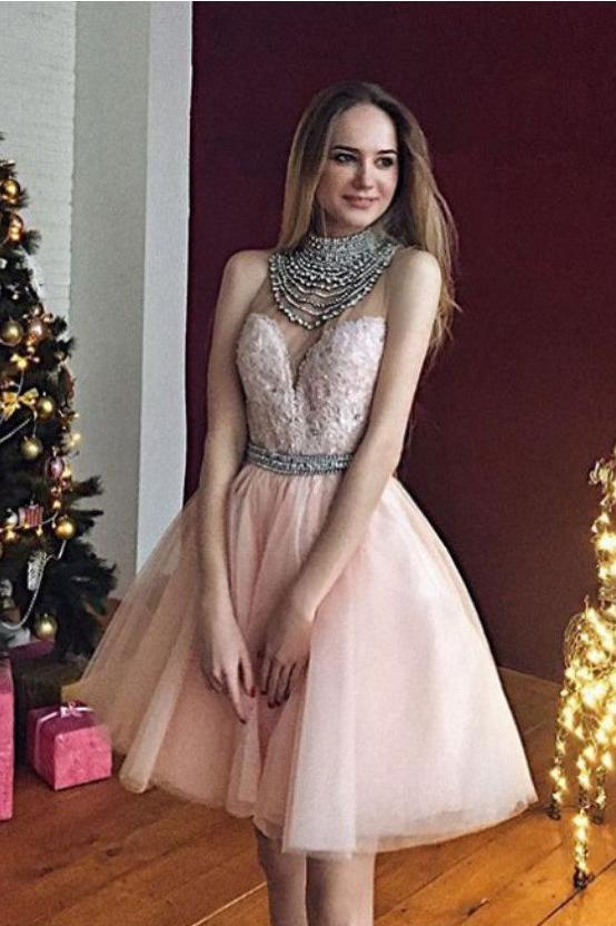Chic Pearl Pink A Line Appliques Beading Short Homecoming Dress DMB51