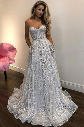 Off White Sweetheart Lace Long Wedding Dress,Charming Prom Dresses DMA96