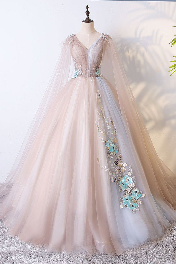 Tulle V neck Long Evening Dress,Lace Appliques Senior Prom Dress Demodresses Tulle V neck Long Evening Dress,Lace Appliques Senior Prom Dress Demodresses
