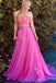 A-Line Sweetheart Sweep Train Fuchsia Chiffon Prom Dress with Beading Ruched DMQ68