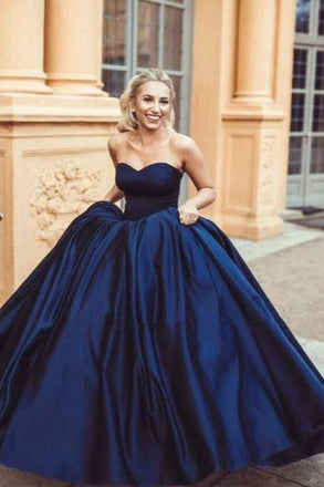 Simple Ball Gown Sweetheart Sleeveless Dark Blue Long Prom Dresses DMH11