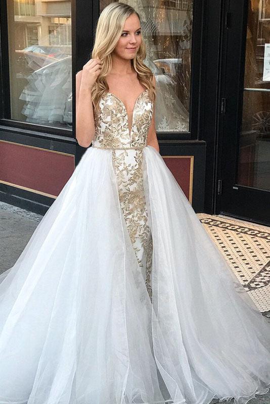 A-Line Spaghetti Straps Floor Length White Detachable Train Prom Dress with Appliques DMQ65