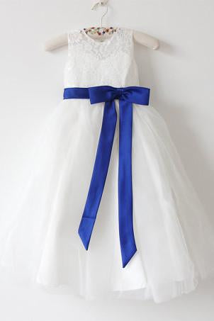 Light Ivory Lace Tulle Flower Girl Dress With Royal Blue Sash/Bows Sleeveless Floor-length DM215