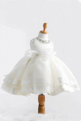 White Ball Gown Jewel Sleeveless Bowknot Long Satin Flower Girl Dresses DM700