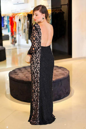 Black Lace Bateau Sheath Long Backless Plus Size Prom Dress DM661