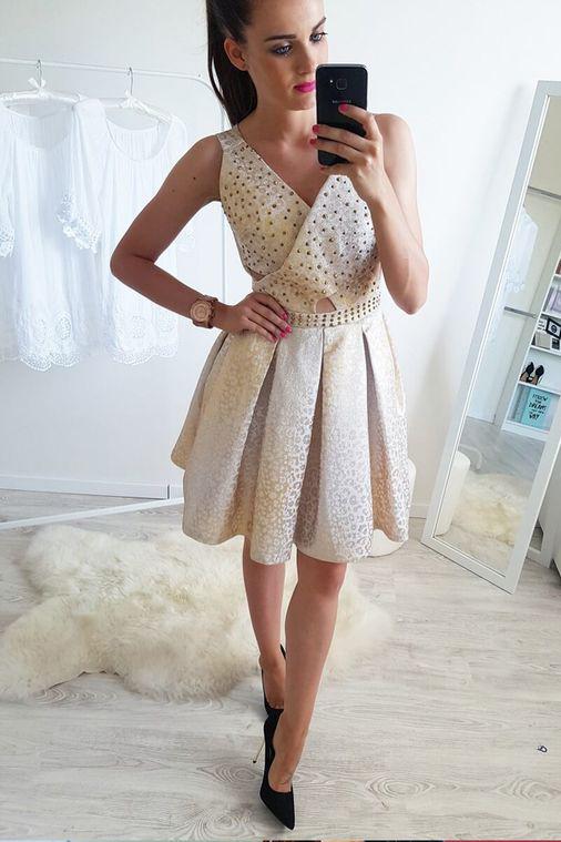 A-Line V-Neck Mini Cheap Homecoming Dress with Beading,Sweet 16 Dresses DMB83