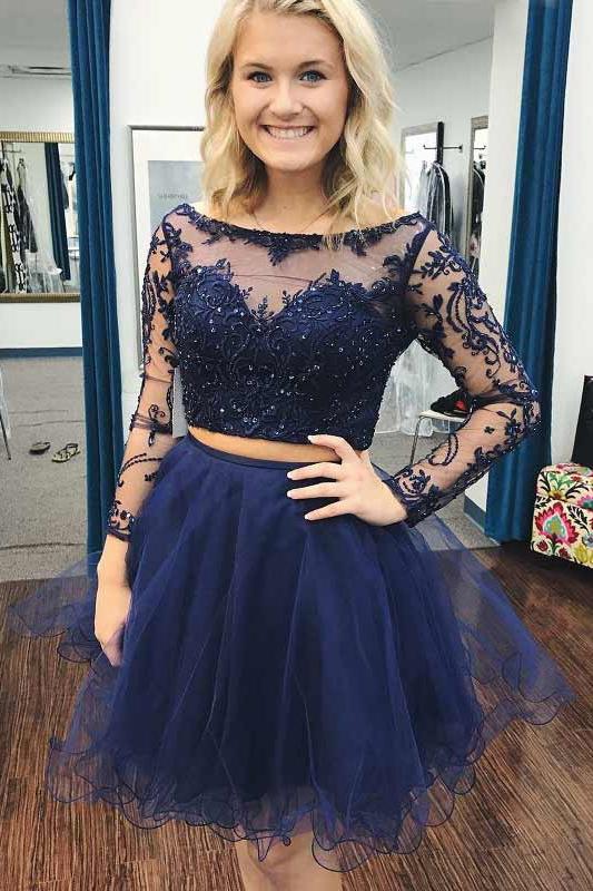 Two Piece Bateau Long Sleeves Dark Blue A Line Tulle Homecoming Dress DMB79