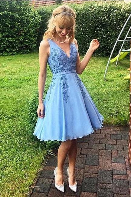 Simple Blue V-Neck Lace Cheap Short Homecoming Dress With Lace Appliques OKC42