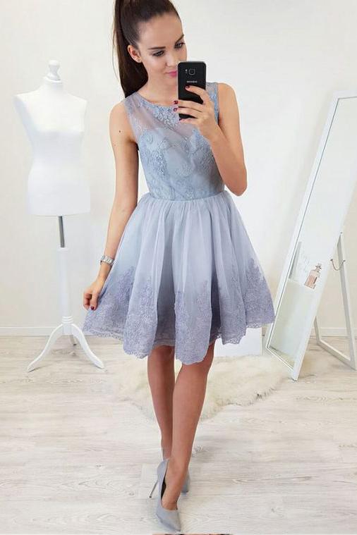 A-Line Round Neck Open Back Short Blue Homecoming Dress with Lace Appliques DMB82