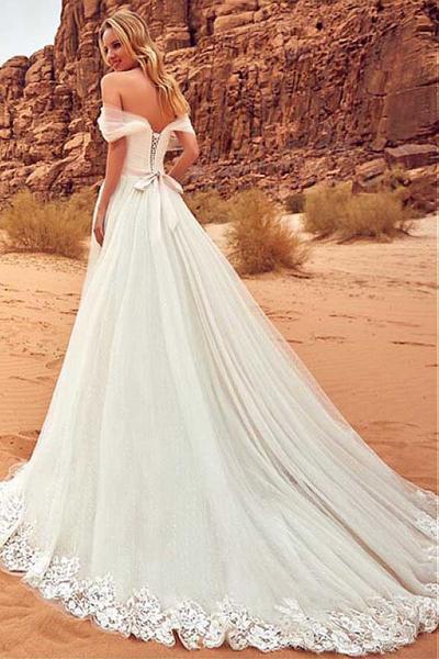 Elegant Off-the-Shoulder Sweep Train A-Line Tulle Ivory Appliques Wedding Dress DM771