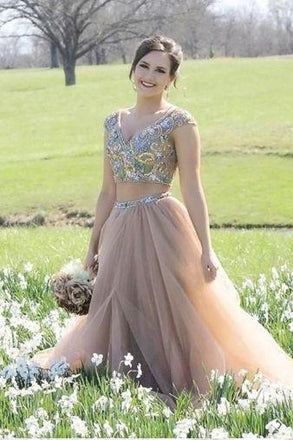 Two Piece V-neck Floor-length Rhinestone A Line Sexy Prom Dress DMF17