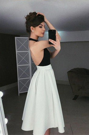 Simple A-Line Halter Backless Tea-Length Ivory and Black Homecoming Dresses DMC45