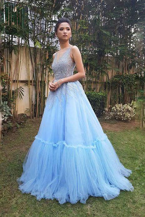 Sky Blue A Line Tulle V Neck Long Prom Gown,Sweet 16 Dress DMB25