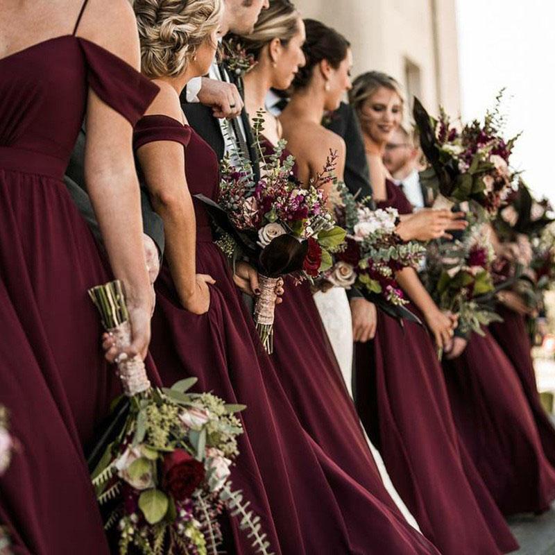 Spaghetti Straps Cheap Chiffon Off Shoulder Burgundy Bridesmaid Dresses DMG61