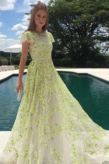 A-Line Lace Cap Sleeves Daffodil Tulle Long Prom Dress with Appliques DME46