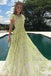 A-Line Lace Cap Sleeves Daffodil Tulle Long Prom Dress with Appliques DME46