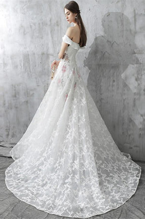 Princess White Off the Shoulder Lace A Line Wedding Dress DM637