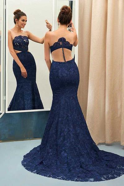 Unique Navy Blue Lace See-through Round Neck Mermaid Floor-length Prom Dress DM986