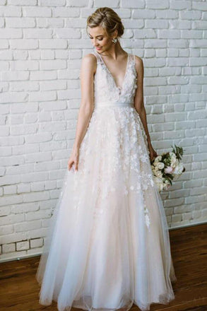 Simple Lace Applique A Line V Neck Tulle Beach Wedding Dress DMF86