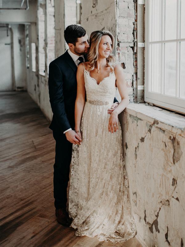 Charming Spaghetti Strap V-neck Long Lace Beach Wedding Dresses DMM91