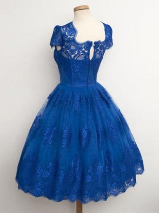 Vintage Scalloped-Edge Cap Sleeves Lace Blue Short Prom Cocktail Party Dresses DM327