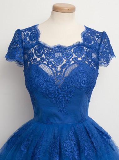 Vintage Scalloped-Edge Cap Sleeves Lace Blue Short Prom Cocktail Party Dresses DM327