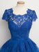 Vintage Scalloped-Edge Cap Sleeves Lace Blue Short Prom Cocktail Party Dresses DM327