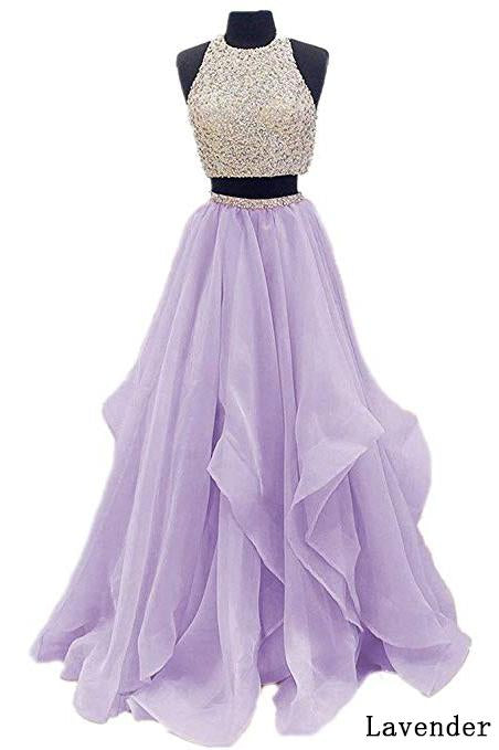 Two Piece Floor Length Burgundy Prom Dress Beaded Open Back Evening Gown DM603