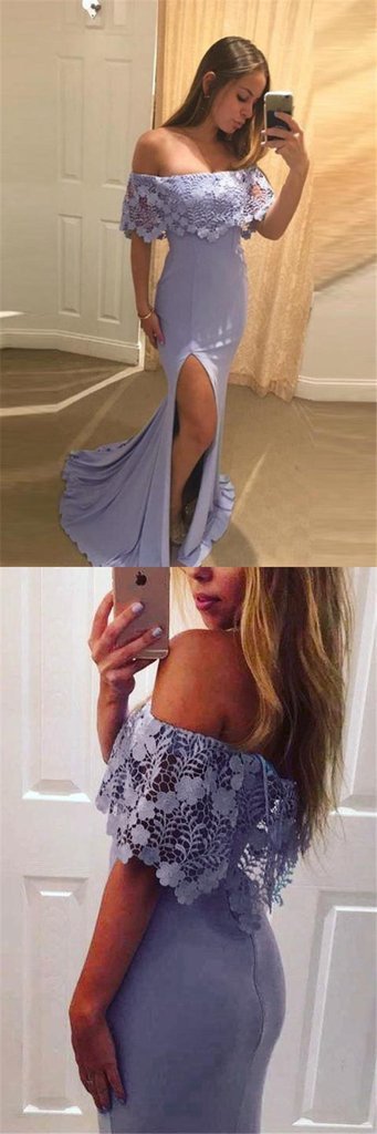 Pretty Lavender Off Shoulder With Lace Split Mermaid Prom Dresses DMF15