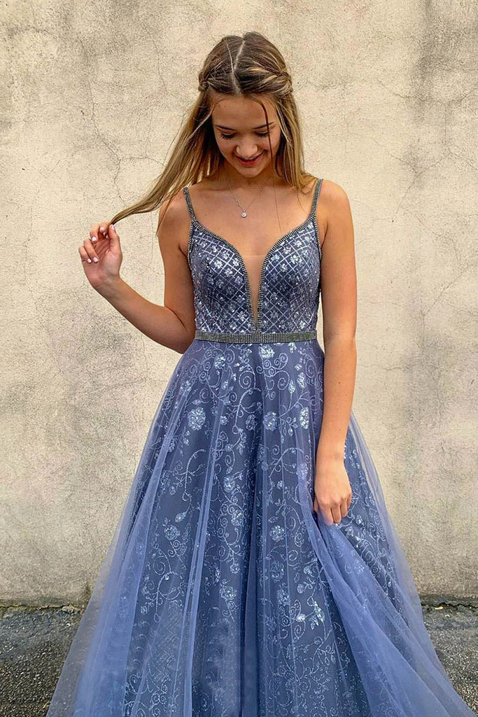 A Line V Neck Spaghetti Straps Blue Tulle Prom Dress Evening Party Dress DMP148