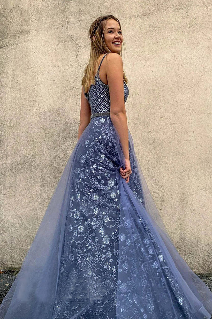 A Line V Neck Spaghetti Straps Blue Tulle Prom Dress Evening Party Dress DMP148