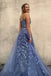 A Line V Neck Spaghetti Straps Blue Tulle Prom Dress Evening Party Dress DMP148