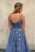 A Line V Neck Spaghetti Straps Blue Tulle Prom Dress Evening Party Dress DMP148