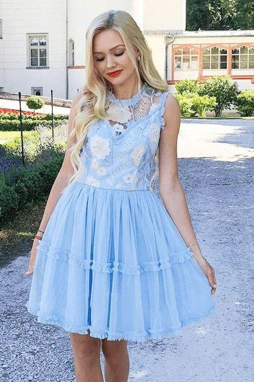 Elegant Jewel Short Cheap Light Blue Tulle Homecoming Party Dresses with Lace DMO50
