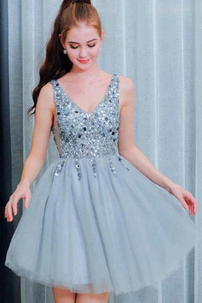 Bling A Line V Neck Light Blue Short Homecoming Dresses With Beading DMO42