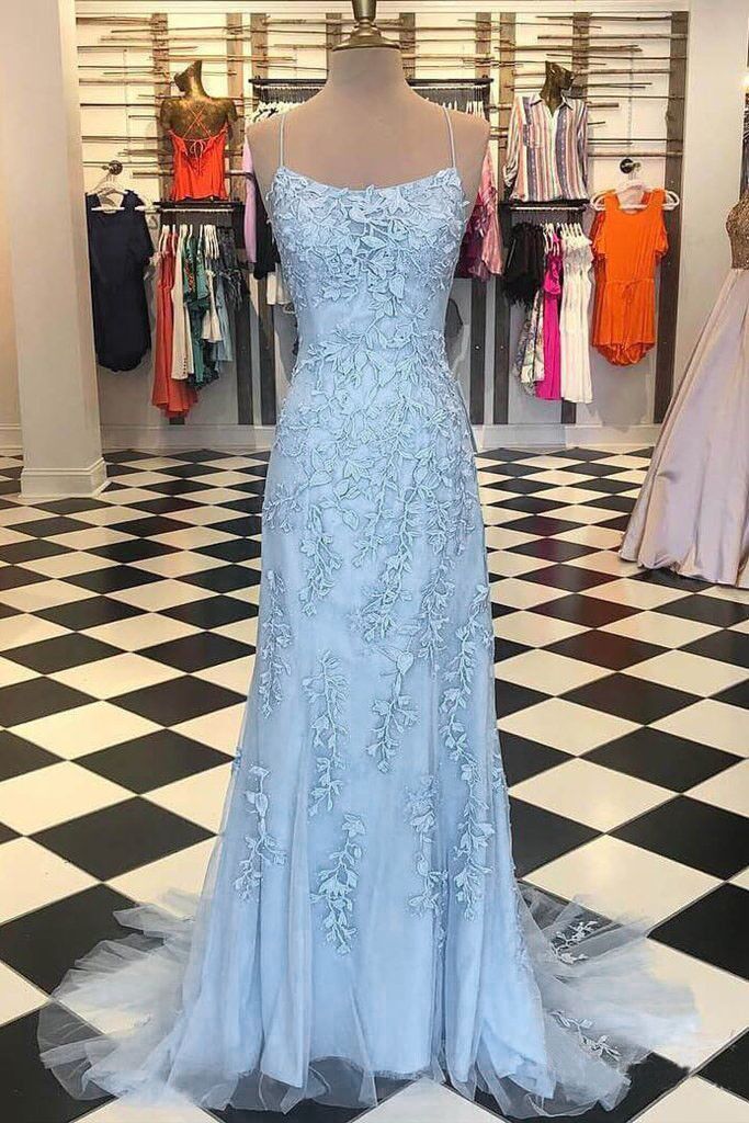 Blue Lace Applique Mermaid Sexy Cheap Long Prom Dress DME39