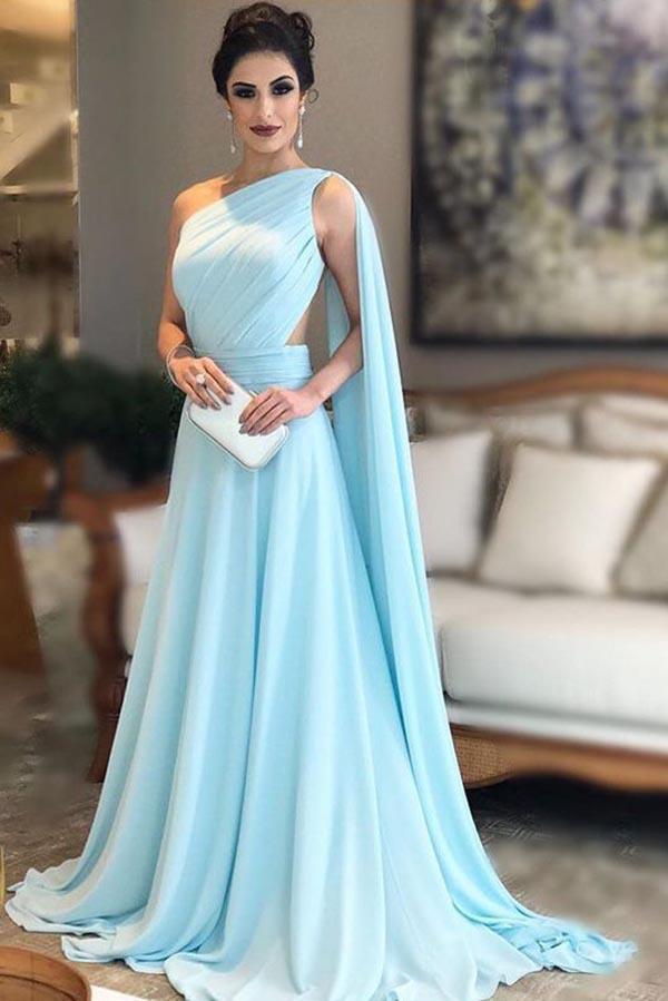 Light Blue One Shoulder Chiffon Formal Prom Gown, Simple Bridesmaid Dresses DMI35