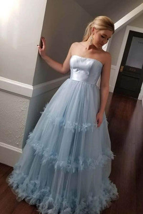 Light Blue Strapless Tulle Prom Dress, Cheap Long Tulle A Line Formal Gown DMP039
