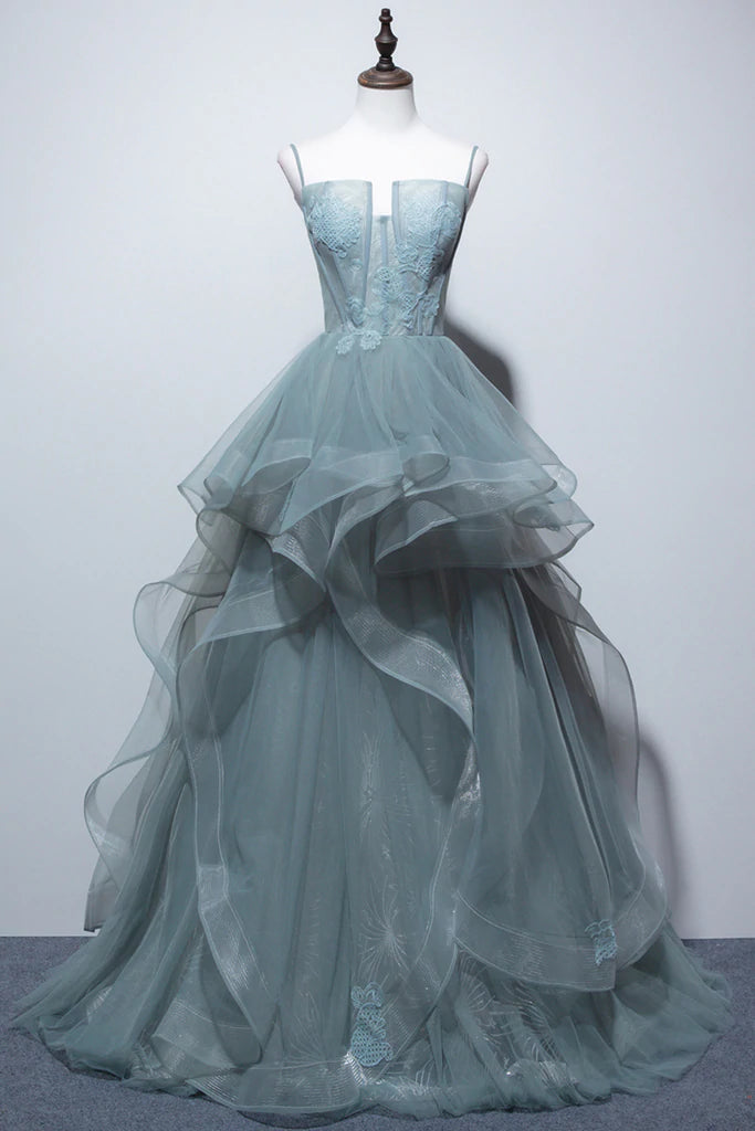 A Line Spaghetti Straps Tulle Long Prom Dresses, Stunning Evening Party Dress DMP176