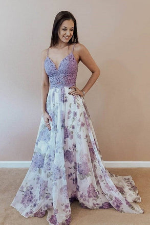 Lilac A Line Floral Boho Prom Dresses For Teens Spaghetti Strap Junior Prom Dress DMI4