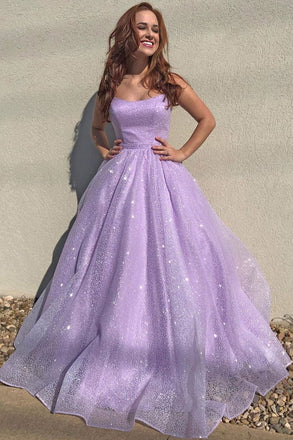 Lilac Spaghetti Straps Sparkly A Line  Long Prom Dress, Shiny Formal Evening Dress DM1001