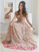A-Line V-Neck Long Sleeves Tulle Prom Dresses with Floral Appliques DMN10