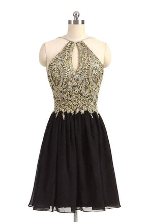 Black Homecoming Dresses,Gold Beads Homecoming Dress,Beaded Prom Dresses,Halter Prom Dress,Short Prom Dress,Backless Homecoming Dresses,Beading Homecoming Dress