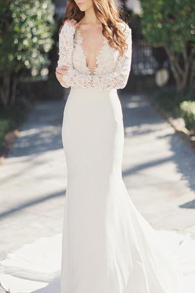 Beautiful Sexy Deep V-Neck Lace Top Long Sleeve Mermaid Wedding Dress Demodresses Beautiful Sexy Deep V-Neck Lace Top Long Sleeve Mermaid Wedding Dress Demodresses