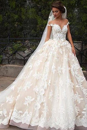 Romantic Jewel Cap Sleeves Ball Gown Wedding Dress with Lace Top DMB09