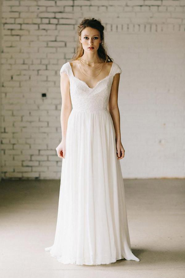 A-Line Wedding Dress,Ivory Wedding Dresses,Lace Wedding Gown,Cap Sleeve Wedding Dresses,Vintage Wedding Dresses,Chiffon Wedding Dresses,V neck Bridal Dress